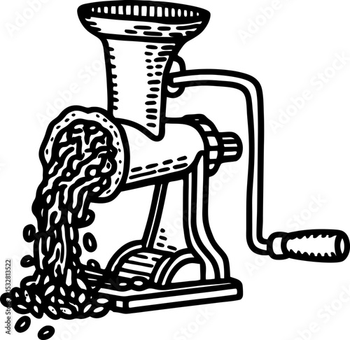 Manual meat grinder illustration with ground meat coming out, vintage hand crank kitchen appliance drawing