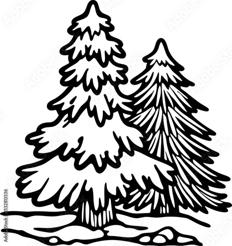 Snow covered pine trees illustration, winter forest scene with fir trees, hand drawn outline nature