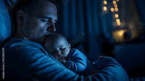 Father holding newborn baby at night parenting bonding moment family care and love parental support