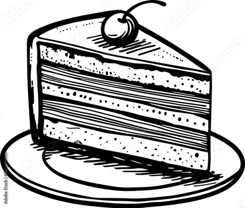 Slice of layered cake with cherry on top dessert illustration, sweet treat on plate, hand drawn bakery food