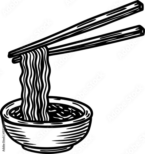 Chopsticks lifting noodles from bowl hand drawn asian cuisine concept, ramen meal, japanese food illustration