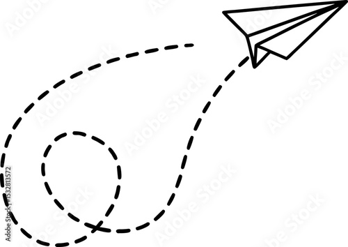 Paper airplane with dashed swirling flight path, simple outline icon, creativity and imagination concept