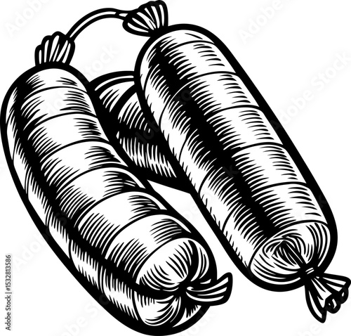 Traditional smoked sausages illustration rustic meat product drawing, black and white culinary food design
