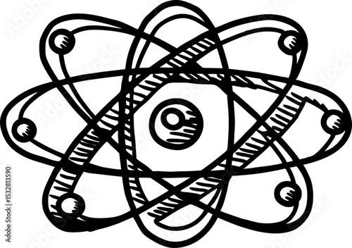 Atomic structure illustration black and white hand drawn atom diagram with electrons orbiting nucleus, science education concept