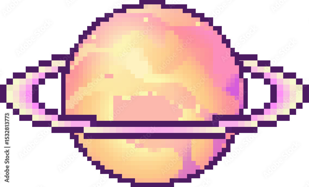 Naklejka premium Pixel art planet is floating on transparent background, showing pastel peach pink with purple ring