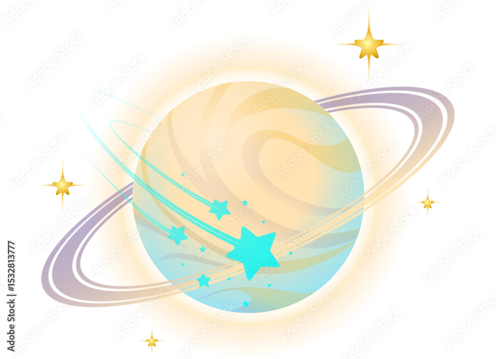 Fototapeta premium Beige ringed planet, pastel swirls, teal stars orbiting it, golden bursts on transparent backdrop