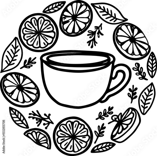 Tea cup surrounded by citrus slices and leaves organic hot beverage, herbal infusion, natural ingredients illustration