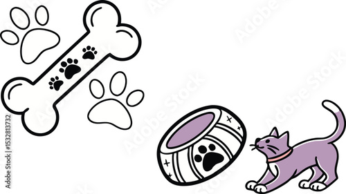 Adorable Pet Paw Prints Bone Food Bowl Cat Design Perfect for Pet Shops Logos Branding