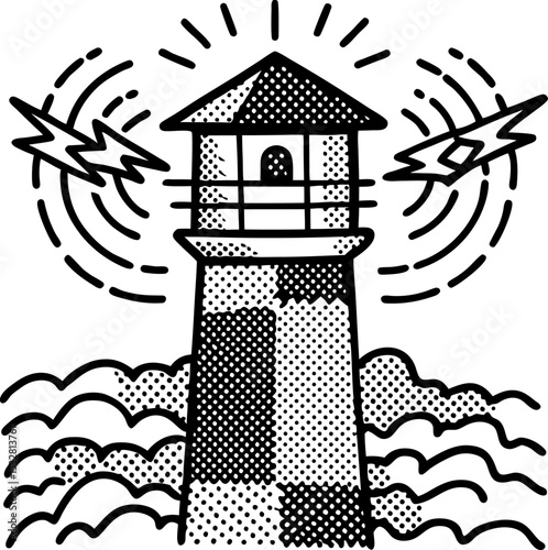 Lighthouse beacon emitting signal waves stormy ocean, safety navigation, maritime guidance retro illustration