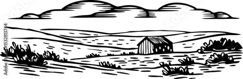 Farmhouse cabin in rural countryside landscape, field hills, and clouds rustic nature meadow scenery illustration