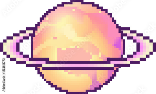 Fototapeta Naklejka Na Ścianę i Meble -  Pixel art planet is floating on transparent background, showing pastel peach pink with purple ring
