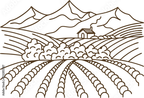 Rural farmhouse with mountain landscape, fields and crops countryside agriculture, scenic nature, farm scene