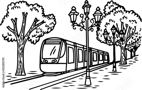 Modern city tram moving along tree lined avenue with decorative streetlights in black and white sketch illustration