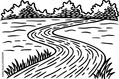 Winding road through landscape with grass and trees hand drawn sketch, rural countryside, scenic nature illustration