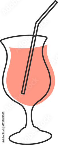 Tulip glass is showing flat vector pink liquid with bent straw on transparent background