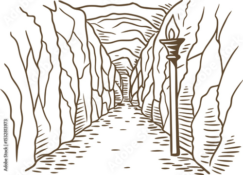 Narrow canyon pathway with ancient torch hand drawn rocky walls, scenic route, adventure journey illustration