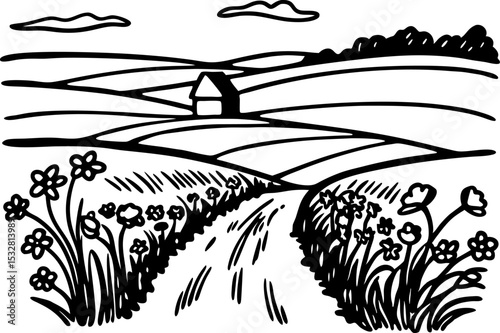 Countryside rural landscape illustration fields, farm house, winding country road and wildflowers line art scene