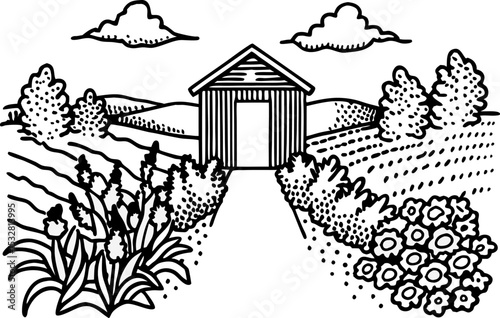 Rustic barn in the countryside with fields, hills, flowers, and trees under clouds, rural landscape illustration