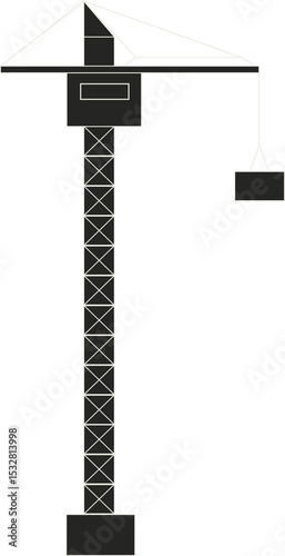 Tower crane is lifting load, showing flat design jib and hook on transparent bg, copy space
