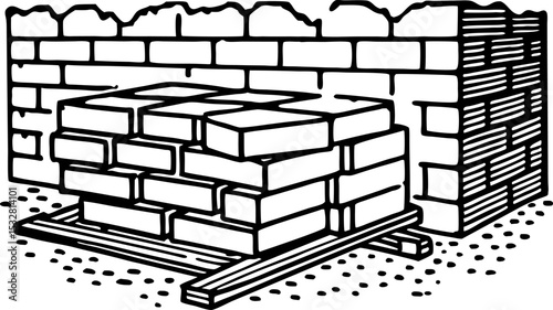 brick wall under construction, unfinished masonry structure with stacked bricks and building materials