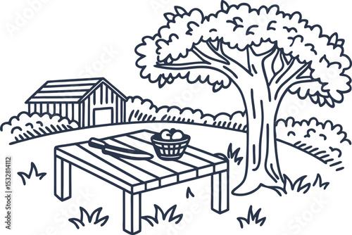 Wooden picnic table with fruit basket and knife under large tree by countryside barn, outdoor rural leisure scene