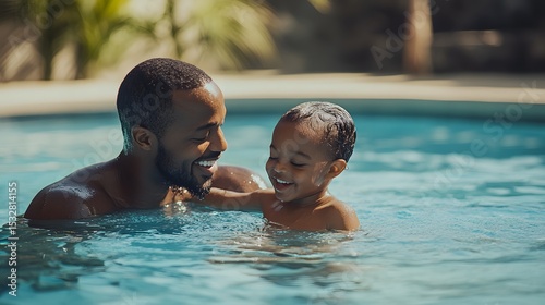 Father and child swimming pool fun summer vacation happy family lifestyle water activity bonding poolside relaxation