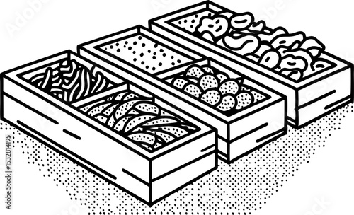 Fresh market vegetables in wooden boxes organic produce assortment, hand drawn black and white sketch illustration