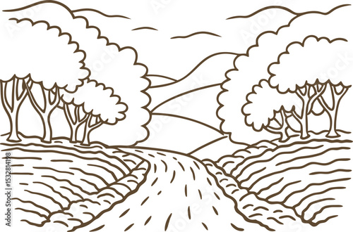 Rural landscape road illustration with fields, winding path, trees, and hills countryside scenic line drawing