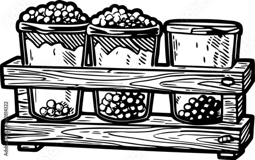 Wooden spice rack with three jars hand drawn kitchen storage, containers for herbs and seasonings, black and white sketch