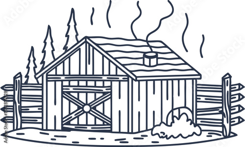 Rustic wooden cabin with smoke, countryside fencing, pine trees and bushes, cozy rural landscape illustration