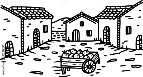 Rustic village courtyard with old stone houses and fruit cart, traditional rural landscape illustration
