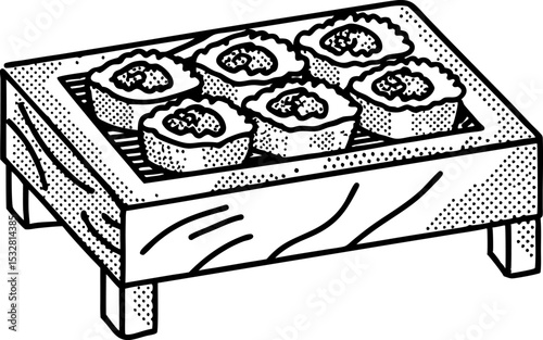 Grilled japanese sushi rolls on wooden serving tray traditional asian food, hand drawn sketch, black and white illustration