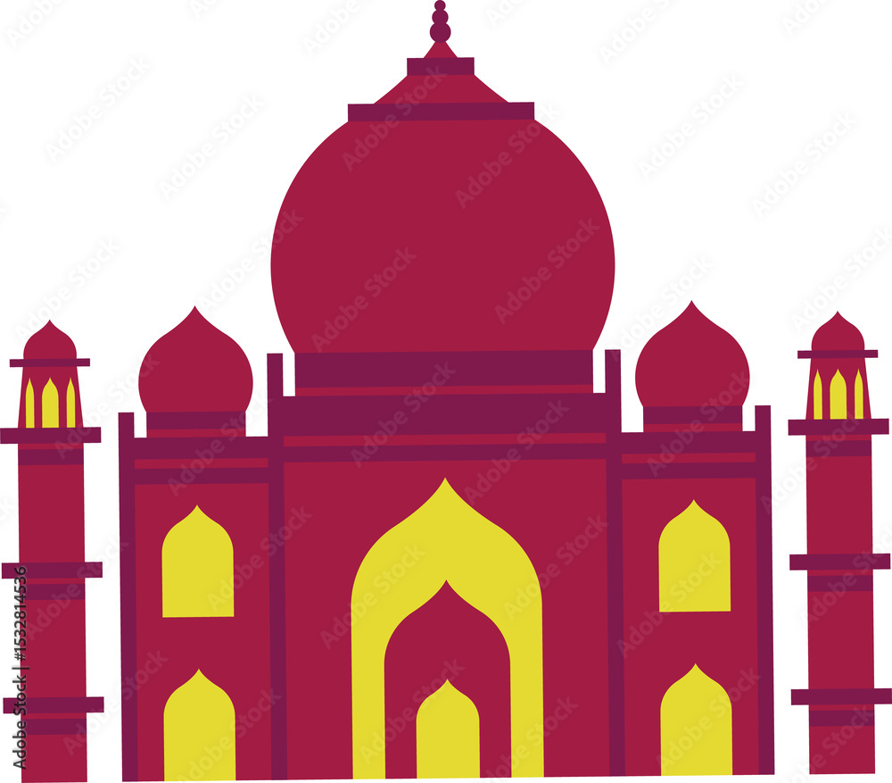 Obraz premium Flat design is showing red-yellow monument with onion dome, minarets, arches on clear background