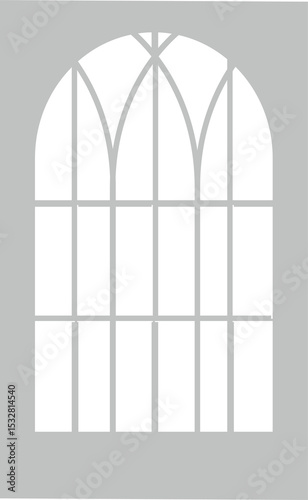 Flat design arched window graphic is showing Gothic tracery with mullions on transparent background