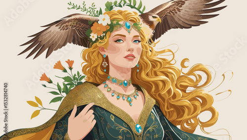 Beautiful woman with long hair and an eagle on her head, adorned with flowers and jewelry, digital art