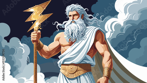 Zeus holding a lightning bolt in a dramatic sky, powerful figure in ancient Greek style, digital art
