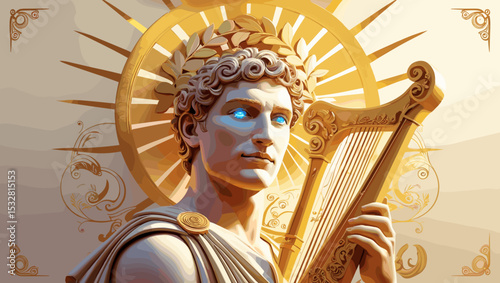 Apollo holding a lyre with glowing blue eyes and radiant sunburst, god of music, digital art