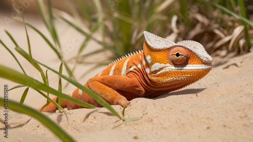 Close-up of a Striking Orange and White Chameleon on Sandy Ground