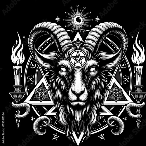 Symbolic ram head with pentagram and candles, occult art in black and white, mystical design