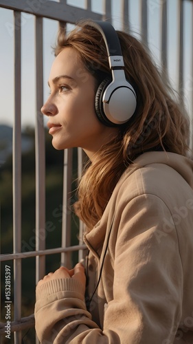 Contemplative young woman with headphones looking out from a balcony