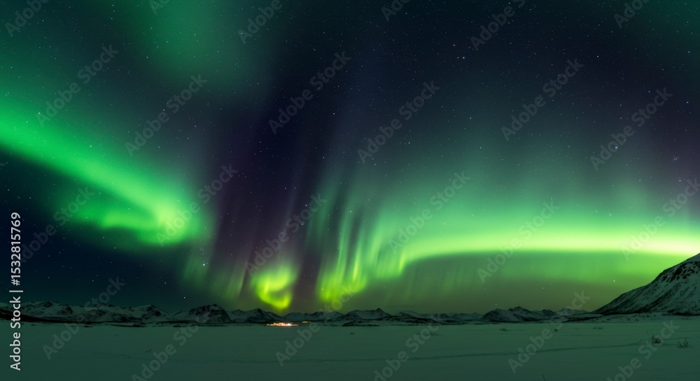 Naklejka premium Majestic aurora borealis over snowy landscape