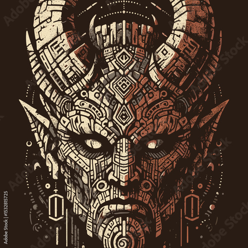 Intricate demon face with horns and tribal patterns, dark art, mystical and surreal illustration