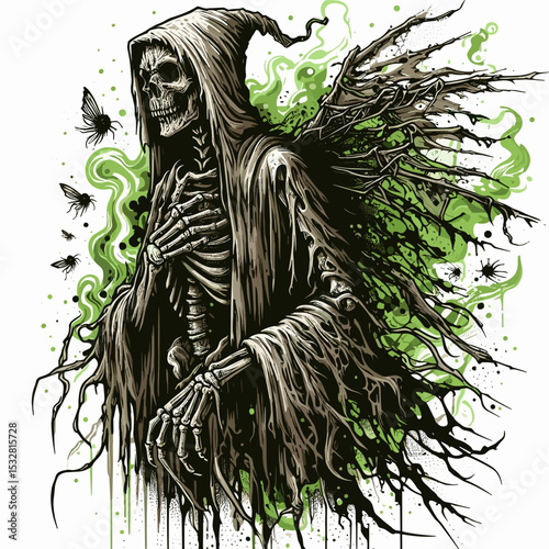Skeleton figure in a hooded cloak with wings and green smoke, macabre art, digital illustration