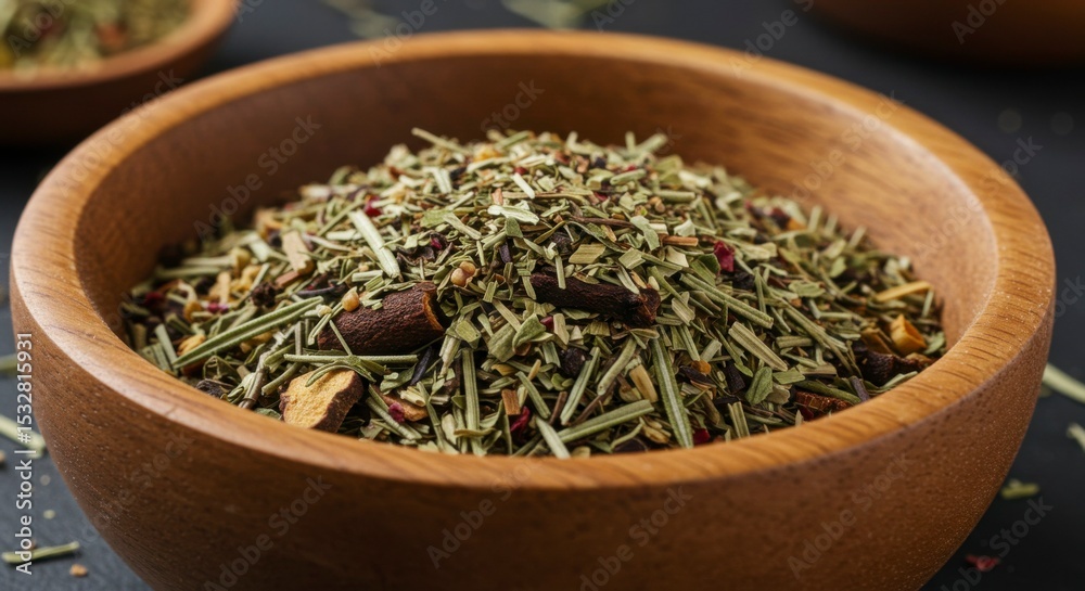Fototapeta premium Loose herbal blend in wooden bowl