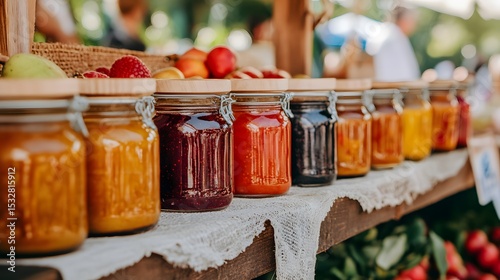 Delicious homemade fruit jams and preserves in glass jars at a farmers market display for sale today