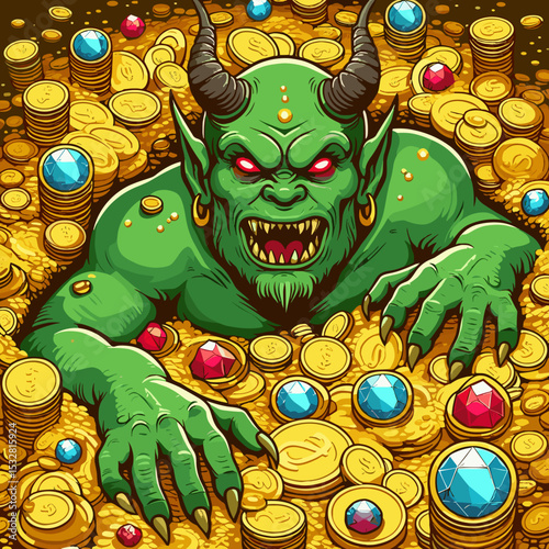 Gremlin emerging from a pile of gold coins and jewels, mischievous creature in vibrant colors, fantasy art