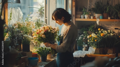 Flower shop owner arranging fresh cut flowers for bouquet arrangement in local business setting space