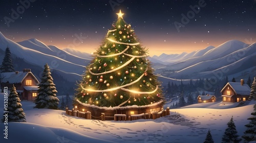 Enormous Illuminated Christmas Tree in Snowy Mountain Village