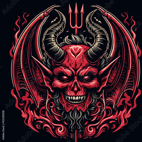 Fierce red devil head with horns and wings, intricate dark art illustration