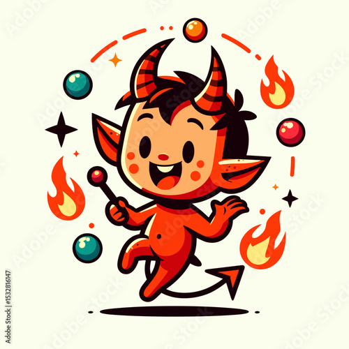 Cute little devil character juggling colorful balls and flames, playful cartoonish illustration